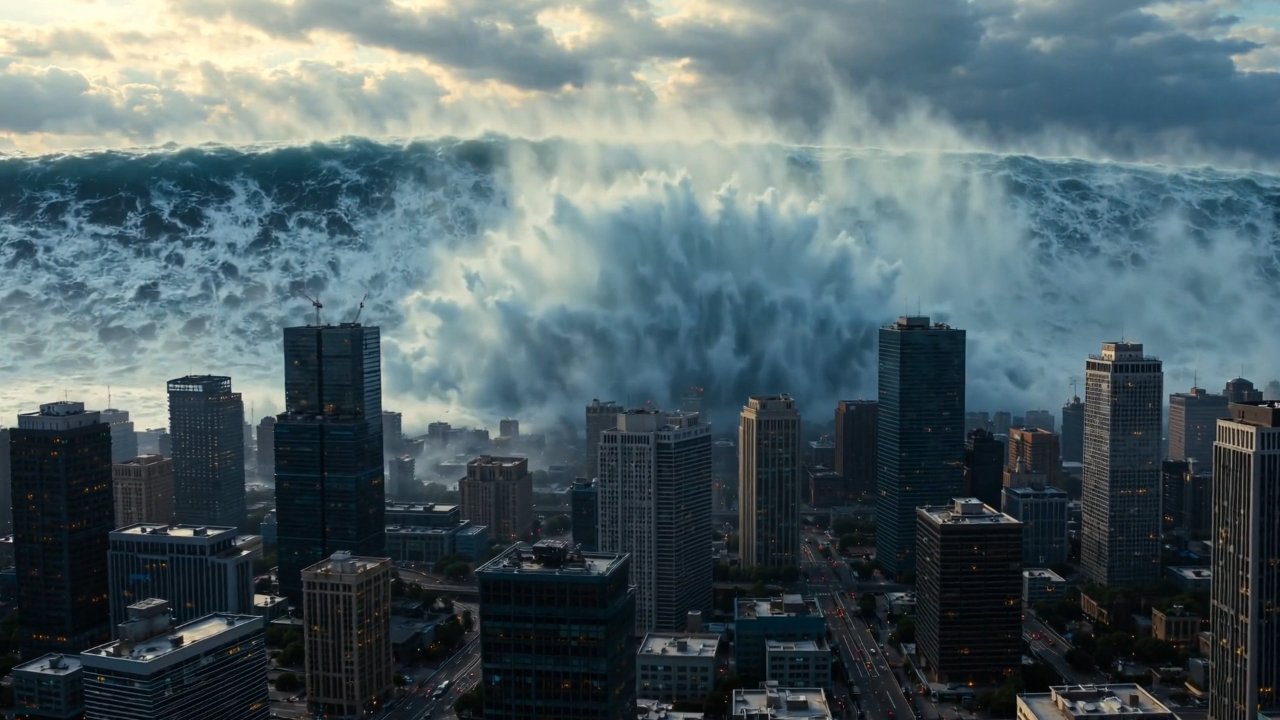 Create a cinematic, photorealistic disaster shot of a colossal…